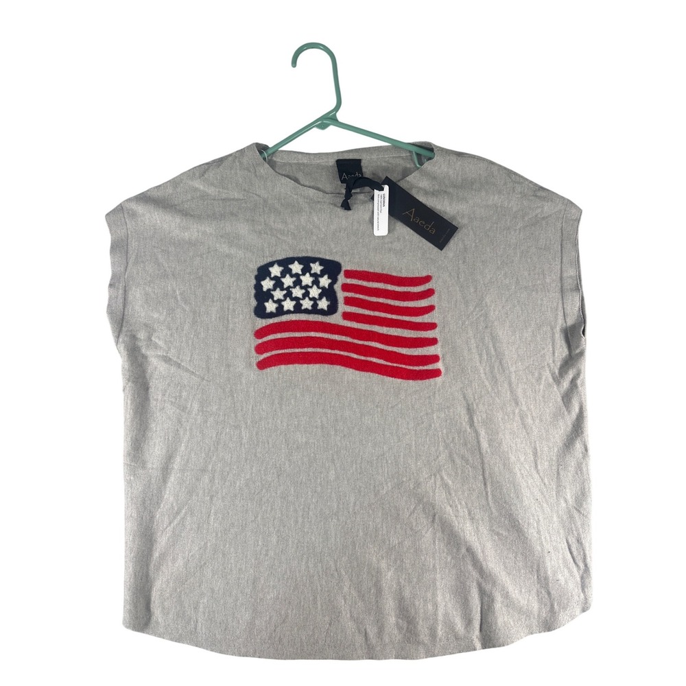Aaeda Womens XL Gray Knit Sleeveless Top American‎ Flag Graphic Patriotic New